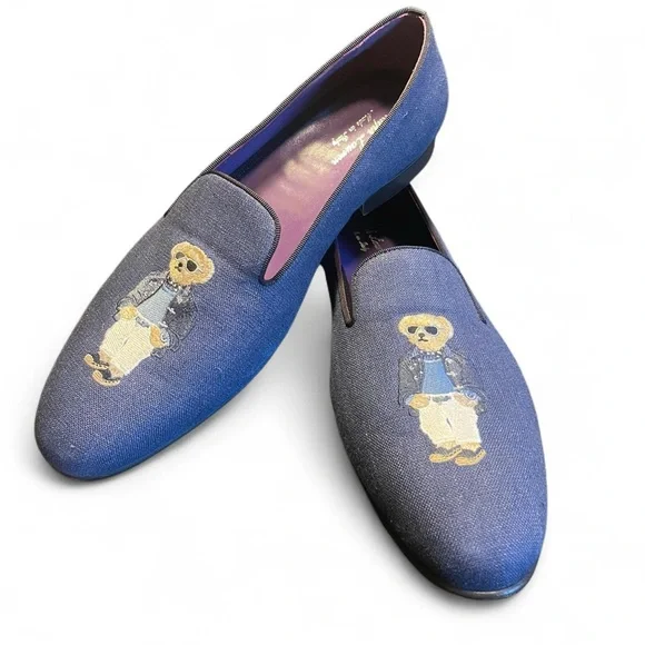 RALPH‎ LAUREN PURPLE LABEL ALONZO Blue Textile Loafers 10 Slippers Loafers Alonzo embroidered linen loafers in blue - Ralph Lauren  main image 4
